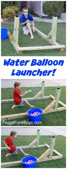 a boy playing with water balloon launchers in the yard, and then using it to make