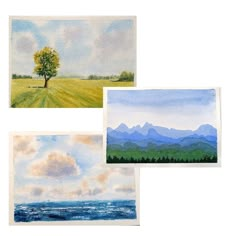 three watercolor paintings of mountains, trees and the ocean are shown in four different frames