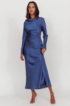 Loveland Cowl Back Midi Dress Navy by Selfie Leslie Formal Wedding Guest Dress With Sleeves, Cold Wedding Guest Outfit, Blue Silk Long Sleeve Maxi Dress, Brown And Blue Wedding, Winter Wedding Guest Outfit Cold Formal, Long Sleeve Hoco Dress, Wedding Dresses Amazon, Winter Wedding Guest, Midi Dress Navy