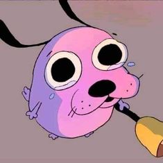 a cartoon dog with big eyes holding a bell