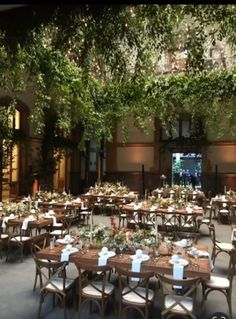 tables and chairs are set up in the middle of an indoor dining area with greenery hanging from the ceiling