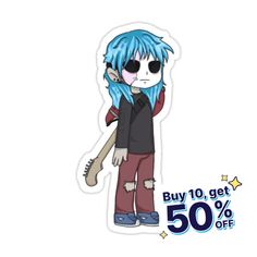 a cartoon character with blue hair and sunglasses holding a skateboard in front of a white background