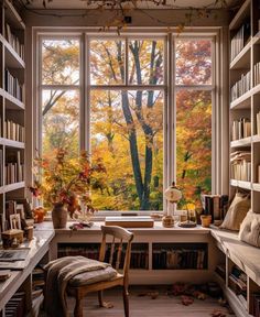 a room filled with lots of books on top of a wooden shelf next to a window