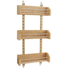 three tiered wooden shelf with hooks on each side