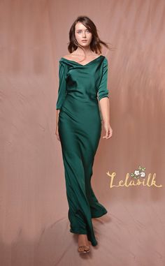 Cowl Neck Long Sleeves Dress Bridesmaids Silk Dress | Etsy Silk Dress Cowl, Emerald Silk Dress, Emerald Dresses, Long Sleeves Dress, Wedding Kimono, Party Mode, Silk Wedding Dress, Cowl Neck Long Sleeve, Sleeves Dress