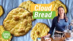 a woman standing in front of a table with pastries on it and the words cloud bread above her