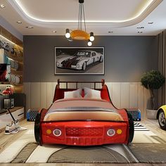 a car themed bedroom is shown in this image