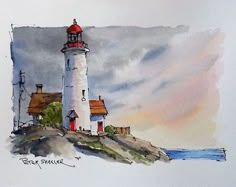 a watercolor painting of a lighthouse on the coast