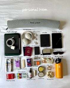 the contents of a personal item laid out on a white sheet with text above it