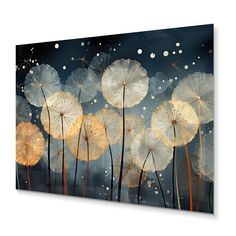 a group of dandelions in front of a blue sky with white dots on it