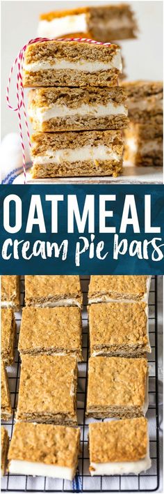 oatmeal ice cream pie bars stacked on top of each other with text overlay