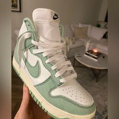 Never Worn. Mint Faded Green And White Nike Dunk High Women, Green Nike Shoes, Mint Green Shoes, Nike Dunk High, Cute Nike Shoes, Cute Nikes, Green Shoes, Swag Shoes, Nike Dunks