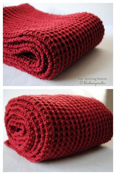 two pictures of a red knitted blanket folded on top of each other and the bottom photo is empty