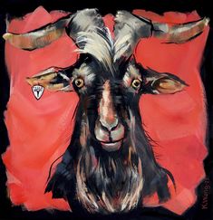 a painting of a goat with horns on it's head, against a red background