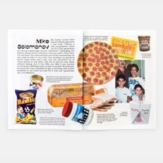 an open magazine with pictures of pizza and other food items on the pages, including chips