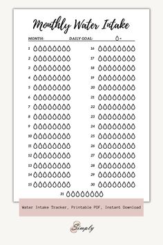 the printable water intake chart is shown in black and white, with pink accents