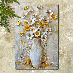 a painting of white and yellow flowers in a vase