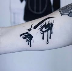 a woman's arm with black ink on it and an eye drawn in the middle