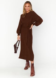 chocolate brown cable knit long sleeve sweater midi dress with waist tie Brown Sweater Dress, Flower Midi Dress, Maternity Bridesmaid Dresses, Cable Knit Dress, Cable Knit Sweater Dress, Warm Chocolate, Formal Dress Shops, Fall Dress, Sweater Dress Midi