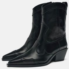 Heel Height: 2.4 Inches (6 Cm) Heeled Leather Ankle Boots. Cowboy Style. Pointed Toe. Side Zip Closure. Glossy Leather Look. Upper: 100% Cow Leather. Lining: 85% Polyester, 15% Polyurethane. Sole: 100% Sbs. Insole: 100% Goat Leather. Color: Black Condition Nwt Boots Cowboy, Zara Leather, Leather Cowboy Boots, Cowboy Style, Goat Leather, Zara Shoes, Zara Black, Leather Ankle Boots, Cow Leather