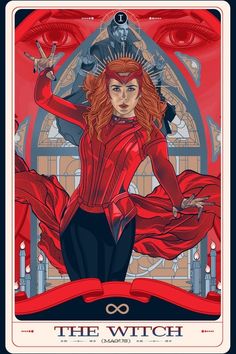 the witch tarot card with an image of a woman in red