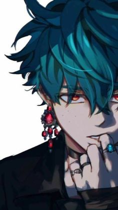 an anime character with blue hair and piercings on his ears, looking at the camera