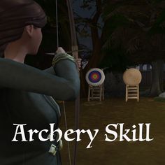 an animated image of a woman holding a bow and arrow with the words archery skill in front of her