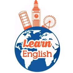 the logo for learn english is shown on top of a globe with a clock tower