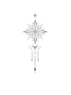 a black and white drawing of a snowflake with stars on it's side