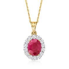 Ross-Simons - 1.90ct Ruby Pendant Necklace, .55ct t. w. Diamonds in Gold. 18". Experience classic glamour with this July-birthstone beauty! Our timeless pendant necklace spotlights a fiery 1.90 carat oval ruby haloed by .55 ct. t. w. round brilliant-cut diamonds. Crafted in polished 18kt yellow gold and suspended from a rope chain. Lobster clasp, diamond and ruby pendant necklace. Ruby birthstones are the perfect gift for July birthdays. Ruby Pendant Necklace, Necklace Ruby, Classic Glamour, Ruby Necklace Pendant, Ruby Birthstone, Detailed Necklace, Ruby Pendant, Jewelry Clasps, Natural Gold