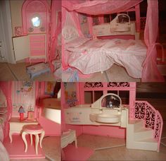 there is a doll house with pink furniture and accessories in this photo, it looks like they are going to be made out of wood