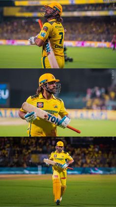 three different shots of a man in yellow uniform holding a bat