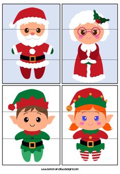 four different pictures of santa claus and elfs with their faces cut out to look like they