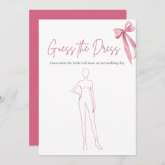 a card with the words guess to dress on it and a pink ribbon tied around it