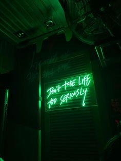 a neon sign that says dark - fare life too seriously