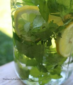 a glass filled with water and lemon slices