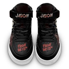 Jason Voorhees Shoes Air Mid Custom Sneakers For Horror Fans All of our Air Mid Shoes styles are custom-made-to-order and handcrafted to the highest quality standards. High-quality rubber sole for traction and exceptional durability Lace-up closure for a snug fit. Each designed pair is one-of-a-kind, combining handcrafting tradition, quality, and modern style. Features a semi-glossy leather to make the shoes more breathable and easier to clean. Material: Microfibre leather: chemical & abrasion r High Top Air Force, Mid Shoes, Air Force Shoes, Mid Top Sneakers, Shoes Drawing, Shoes Air, Shoes Custom, Jason Voorhees, Friday The 13th