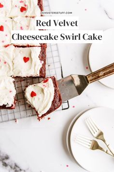 red velvet cheesecake swirl cake on a cooling rack with a knife and fork next to it