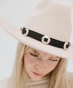 Add a touch of western vibes to any of your Gigi Pip looks! Whether you're looking to trim a traditional western style hat or a simply classic silhouette, adding the Genuine Leather Western Band to your look gives just enough to acknowledge country vibes while still having the ability to be versatile + vibe with any style you're channeling that day. + Pro Tip: Layer different band textures, colors + widths together to create your ultimate band stack! There are no rules when it comes to trimming Adjustable Western Hat Bands For Fall, Western Adjustable Hats For Fall, Wide Brim Concho Hat For Rodeo, Western Style Felt Hat For Ranch In Spring, Western Style Felt Hat For Spring Events, Western Style Felt Hat For Spring, Western Felt Hat For Spring Ranch, Wide Brim Hat Bands With Concho For Rodeo, Flat Brim Concho Hat For Rodeo