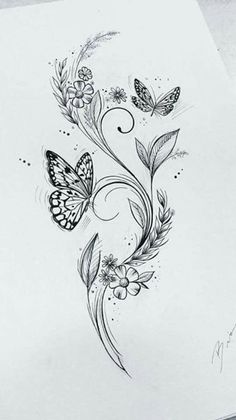 a drawing of butterflies and flowers on paper