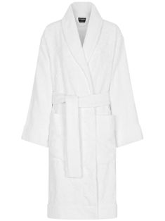 white cotton tonal design monogram pattern shawl lapels tied waist mid-length When buying this unisex item, keep in mind that it is graded in standard men's sizing White Bathrobe, Designer Loungewear, Soul Contract, Monogram Pattern, Dolce E Gabbana, Waist Strap, Summer Beach Wear, Nightwear, White Cotton