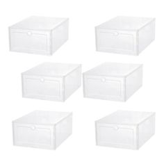 six clear plastic storage boxes with lids