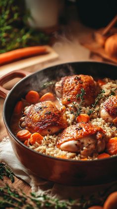 a pan filled with chicken, carrots and rice on top of a wooden table