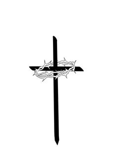 a black and white image of a cross with crown of thorns on it's side