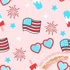 an american flag, heart shaped sunglasses and fireworks are on a pink background with stars