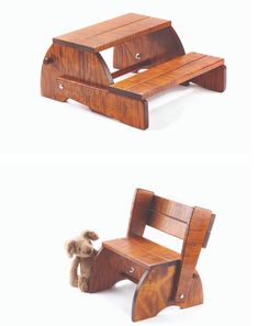 two pictures of a wooden step stool with a teddy bear