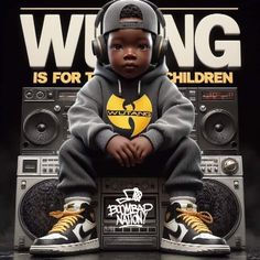 a young boy wearing headphones sitting on top of a boombox with the words wrong is for children