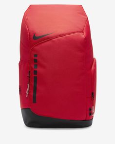 Product Details Nike Hoops Elite Backpack The Nike Hoops Elite Backpack is designed for the active athlete. Featuring a large main compartment and several smaller zippered pockets, the Nike Hoops Elite Backpack is perfect for organizing your equipment and gear for school and practice. The side pockets hold water bottles and other small items, while the air unit-padded and adjustable shoulder straps and stabilizing chest strap provide ultimate comfort and support. The top haul loop makes it easy Red Functional Backpack For Outdoor Activities, Functional Sports Backpack, Sports Bags With Zipper Closure, Sports Backpack With Functional Pockets, Red Nylon Functional Backpack, Functional Red Nylon Backpack, Sporty Rectangular Backpack For Gym, Sporty Red Gym Bag, Sporty Rectangular Gym Backpack