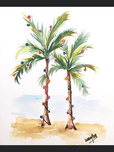 two palm trees on the beach with beads in their leaves, watercolor and ink