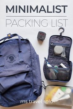 an image of a backpack and other items on the floor with text that reads minimalist packing list